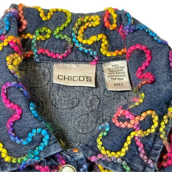 Chico’s Size 2 Y2K Rainbow Tie Dye Yarn Embroidered Floral Denim Jean Jacket L - Picture 3 of 7